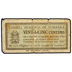 25 Cèntims. - 30 Setembre 1937. - C.M. de PORRERA. - (Sucio, roturas). ESCASO. AT-1965, T-2264. BC+.