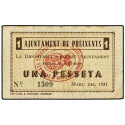 1 Pesseta. - Març 1937. - Aj. de PREIXENTS. - RARO. AT-2001; T-2305. MBC. - -