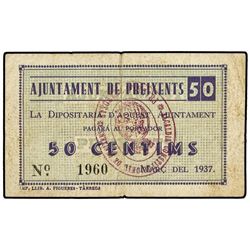 50 Cèntims. - Març 1937. - Aj. de PREIXENS. - Sello tampón violeta. (Algo sucio. Rotura central). MU