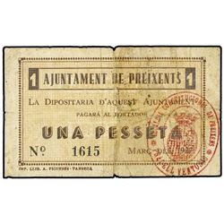 1 Pesseta. - Març 1937. - Aj. de PREIXENTS. - (Sucio. Pequeñas roturas). MUY ESCASO. AT-2003; T-2307