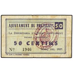 50 Cèntims. - Març 1937. - Aj. de PREIXENTS. - Sello-tampón violeta. (Sucio). MUY ESCASO. AT-2004b;