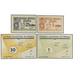 Lote 4 billetes 5, 25, 50 Cèntims y 1 Pesseta. - Maig 1937. - C.M. de PREMIÀ. - AT-2005/08; T-2309/1