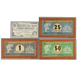 Lote 4 billetes 5, 25, 50 Céntimos y 1 Peseta. - Setembre 1937. - Aj. de PREMIÀ DE MAR. - AT-2015/18