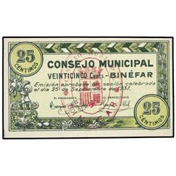 25 Céntimos. - 25 Septiembre 1937. - C.M. de BINÉFAR (Huesca). - Mont-335C. EBC+. - -