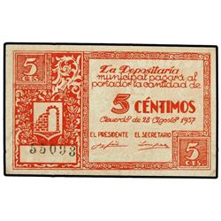 5 Céntimos. - 28 d´Agost 1937. - C.M. de GRAUS (Huesca). - (Algo sucio). M-251a. MBC+. - -