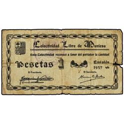 1 Peseta. - 1937. - COLECTIVIDAD LIBRE MUNIESA (Teruel). - (Roturas). Mont-981D. MBC-. - -