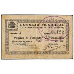 25 Céntimos. - 18 Julio 1937. - C.M. de RUBIELOS DE MORA (Teruel). - (Algo sucio). Mont-1280A. MBC.