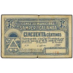 0,50 Pesetas. - 24 Abril 1937. - C.M. de SAMPER DE CALANDA (Teruel). - (Roturas). MBC.  - -