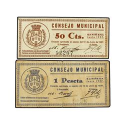 Lote 2 billetes 50 Céntimos y 1 Peseta. - C.M. de SARIÑENA (Huesca). - Mont-1331A/B. MBC/MBC+. - -