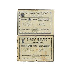 Lote 2 billetes 1 y 2 Pesetas. - 5 Abril 1937. - C.M. de SASTAGO (Zaragoza). - Mont-1337A/B. MBC. -