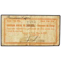 1 Peseta. - Mayo 1937. - CONSEJO LOCAL DE DEFENSA. TORRENTE DE CINCA (Huesca). - La palabra DEFENSA