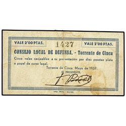 2 Pesetas. - Mayo 1937. - CONSEJO LOCAL DE DEFENSA. TORRENTE DE CINCA (Huesca). - (Algo sucio). RARO