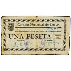 1 Peseta. - 1937. - C.M. de UTRILLAS (Teruel). - (Manchas y roturas). MUY RARO. MBC-. - -