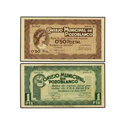Lote 2 billetes 50 Céntimos y 1 Peseta. - 1 Julio 1937. - C.M.de POZOBLANCO (Córdoba). - Mont-1166A/