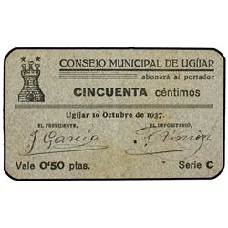 0,50 Pesetas. - 10 Octubre 1937. - C.M. de UGÍJAR (Jaén). - Cartón. Serie C. ESCASO. Mont. 1488B. EB
