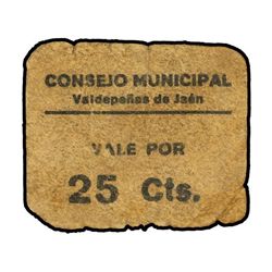 25 Céntimos. - C.M. de VALDEPEÑAS (Jaén). - (Muy circulado). MUY RARO. Mont-1506A. BC+. - -