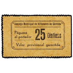 25 Céntimos. - C.M. de VILLANUEVA DE CÓRDOBA (Córdoba). - Cartón. ESCASO. KG-895. EBC. - -