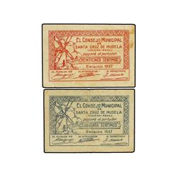 Lote 2 billetes de 25 y 50 Céntimos. - 1937. - C.M. de SANTA CRUZ DE MUDELA (Ciudad Real). - (Leves