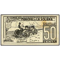 50 Céntimos. - 1 Noviembre 1937. - C.M. de LA SOLANA (Ciudad Real). - Cartón. (Leve mancha). Mont-13