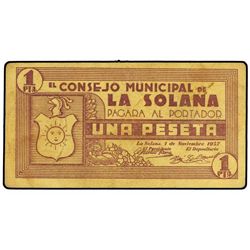 1 Peseta. - 1 Noviembre 1937. - C.M. de LA SOLANA (Ciudad Real). - Cartón. Mont-1375C. MBC+. - -