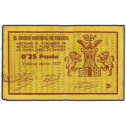 0,25 Pesetas. - Marzo 1937. - C.M. de TOBARRA (Albacete). - ESCASO. Mont-1425A. MBC+. - -