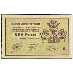 1 Peseta. - Marzo 1937. - C.M. de TOBARRA (Albacete). - ESCASO. Mont-1425B. MBC+. - -