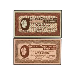 Lote 2 billetes 25 Céntimos y 1 Peseta. - Septiembre 1937. - C.M. de TOBARRA (Albacete). - Mont-1425