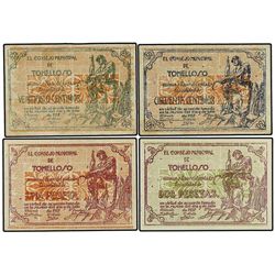 Lote 4 billetes 25, 50 Céntimos y 1 y 2 Pesetas. - 9 Julio 1937. - C.M. de TOMELLOSO (Ciudad Real).