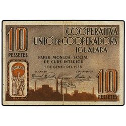 10 Pessetes. - 1 Gener 1938. - COOPERATIVA UNIÓ DE COOPERADORS. IGUALADA. - Cartulina. Números más p