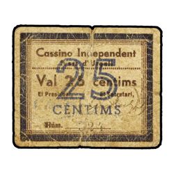 25 Cèntims. - Emisión Guerra Civil. - CASSINO INDEPENDENT. IVARS D´URGELL. - Cartulina. MUY RARO. L-