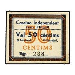 50 Cèntims. - Emisión Guerra Civil. - CASSINO INDEPENDENT. IVARS D´URGELL. - Cartulina. MUY RARO. L-
