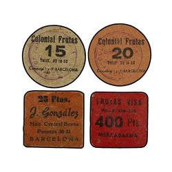 Lote 4 fichas. - S/F. - BARCELONA. - Cartón. 15 y 20 Pesetas Colonial Frutas c/ Comercial 1 y 17; 25