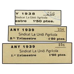 Lote 3 vales 1,50 Pesetas. - 1938 y 1939. - SINDICAT LA UNIÓ AGRÍCOLA. OLOT. - Papel. EBC+ y SC. - -