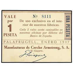 Vale por 1 Peseta. - Enero 1937. - MANUFACTURAS DE CORCHO ARMSTRONG S.A. PALAFRUGELL. - Cartulina. E