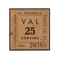 Vale 25 Cèntims. - Agosto 1937. - COOPERATIVA OBRERA ´LA PROGRESIVA´ PARETS DEL VALLÈS. - Cartulina.