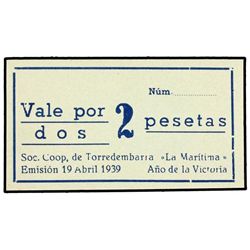 Vale por 2 Pesetas. - Emisión 19 Abril 1939. - SOCIEDAD COOPERATIVA DE TORREDEMBARRA ´LA MARÍTIMA´.