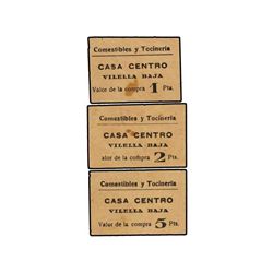 Lote 3 vales 1, 2 y 5 Pesetas. - S/F (Postguerra). - COMESTIBLES Y TOCINERÍA. CASA CENTRO VILELLA BA