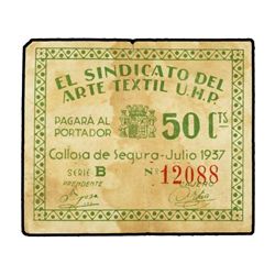 50 Céntimos. - Emisión Julio 1937. - EL SINDICATO DEL ARTE TEXTIL U.H.P. CALLOSA DE SEGURA (Alicante