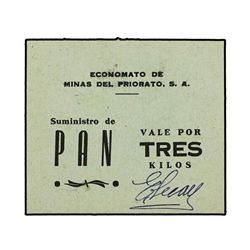 Vale por tres kilos de pan. - S/F. - ECONOMATO DE MINAS DEL PRIORATO S.A. - Cartón. ESCASO. No Catal