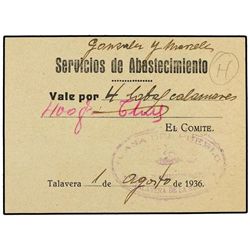 Vale por 4 latas de Calamares. - 1 Agosto 1936. - CASA DEL PUEBLO. TALAVERA DE LA REINA. - SC. - -