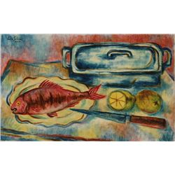 Laurent Marcel Salinas, Nature Morte (Poisson Rouge avec Citrons), Oil Painting