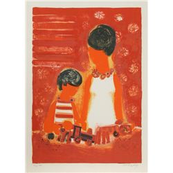 Frederic Menguy, Mother and Son with Toy Train, Lithograph