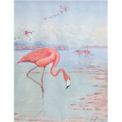 Oscar Hess, Pink Flamingoes, Watercolor