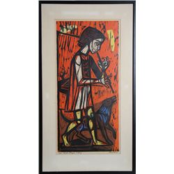 Irving Amen, Flute Player and Dog, Woodblock