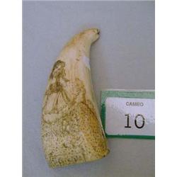 American whale's tooth scrimshaw depicting Southern ladies with child, marked 'O Dear Me' and 'Bosto