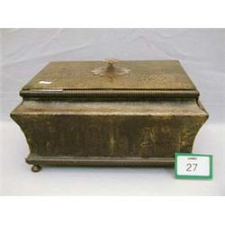 Sarcophagus shaped leather covered box.