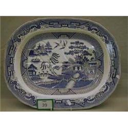 Large blue and white Staffordshire meat plate with gravy well.