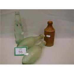 Three glass collectable beer bottles with embossed description plus Tunbridge and Co. stoneware lemo