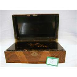 Victorian stationery box with lacquer work inlay to interior and assorted veneers on exterior, with 