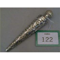 19th century French silver metal cased tapered scent with screw lid, embossed floral and foliate dec